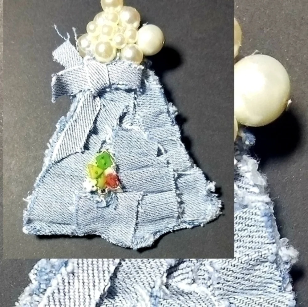 Tasty Raw Edge Denim Holiday Tree Brooch Pin- 